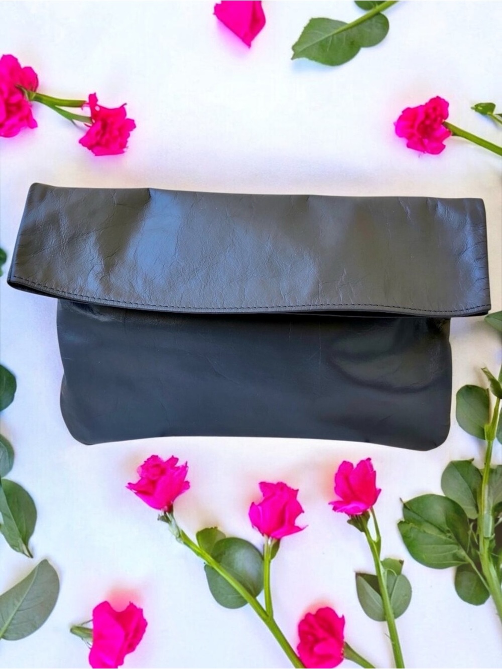 Vintage Gray Leather Clutch Fold Over Flap Suede Lined Handbag